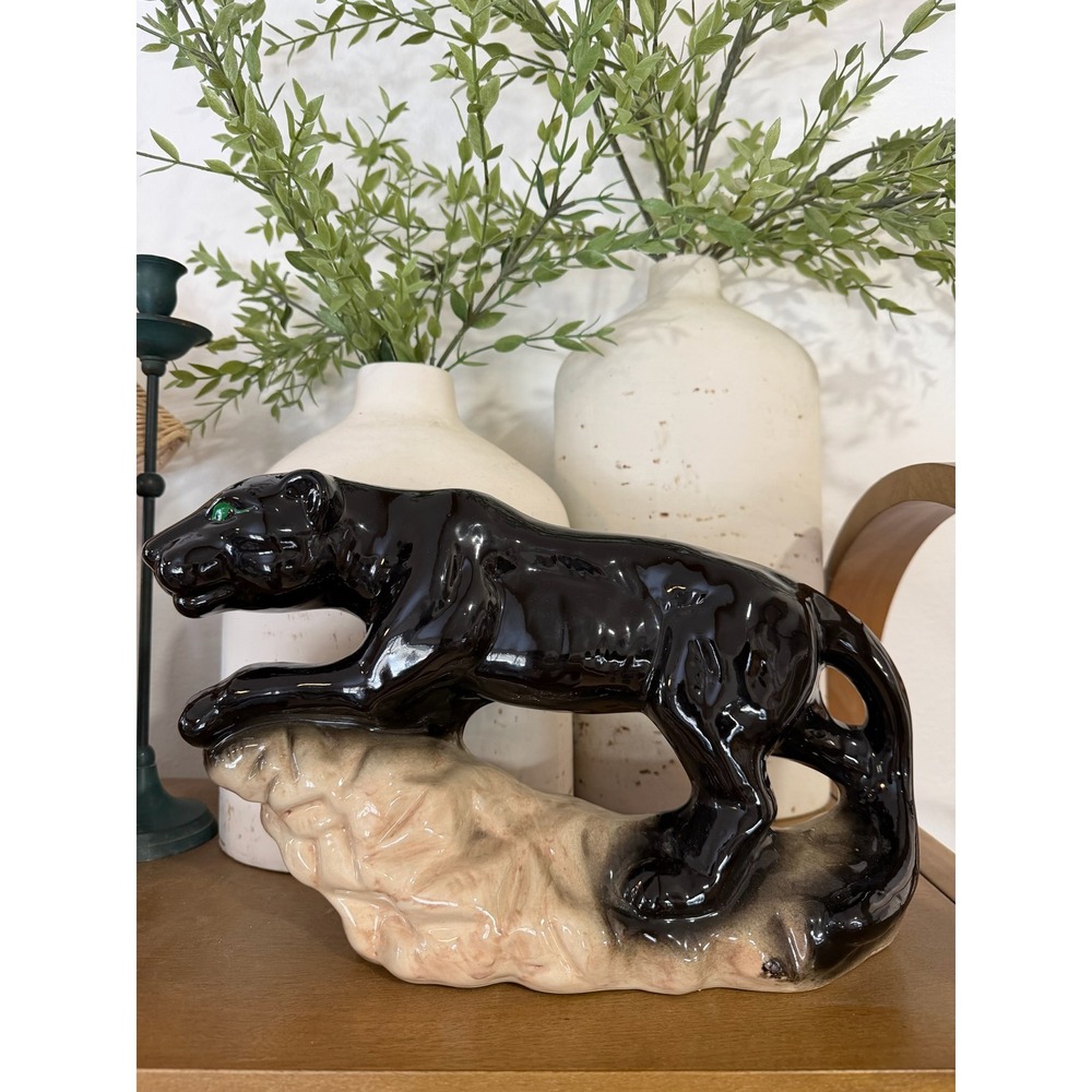 Vintage MCM Ceramic Black Panther Figurine Green Eyes Realistic Animal Statue